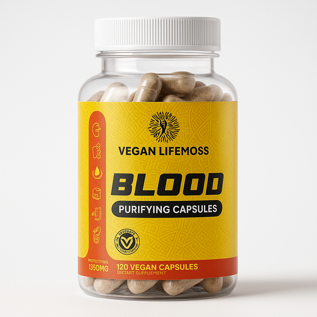 Bottle of Vegan Lifemoss Blood Purifying Capsules, containing 120 vegan capsules.