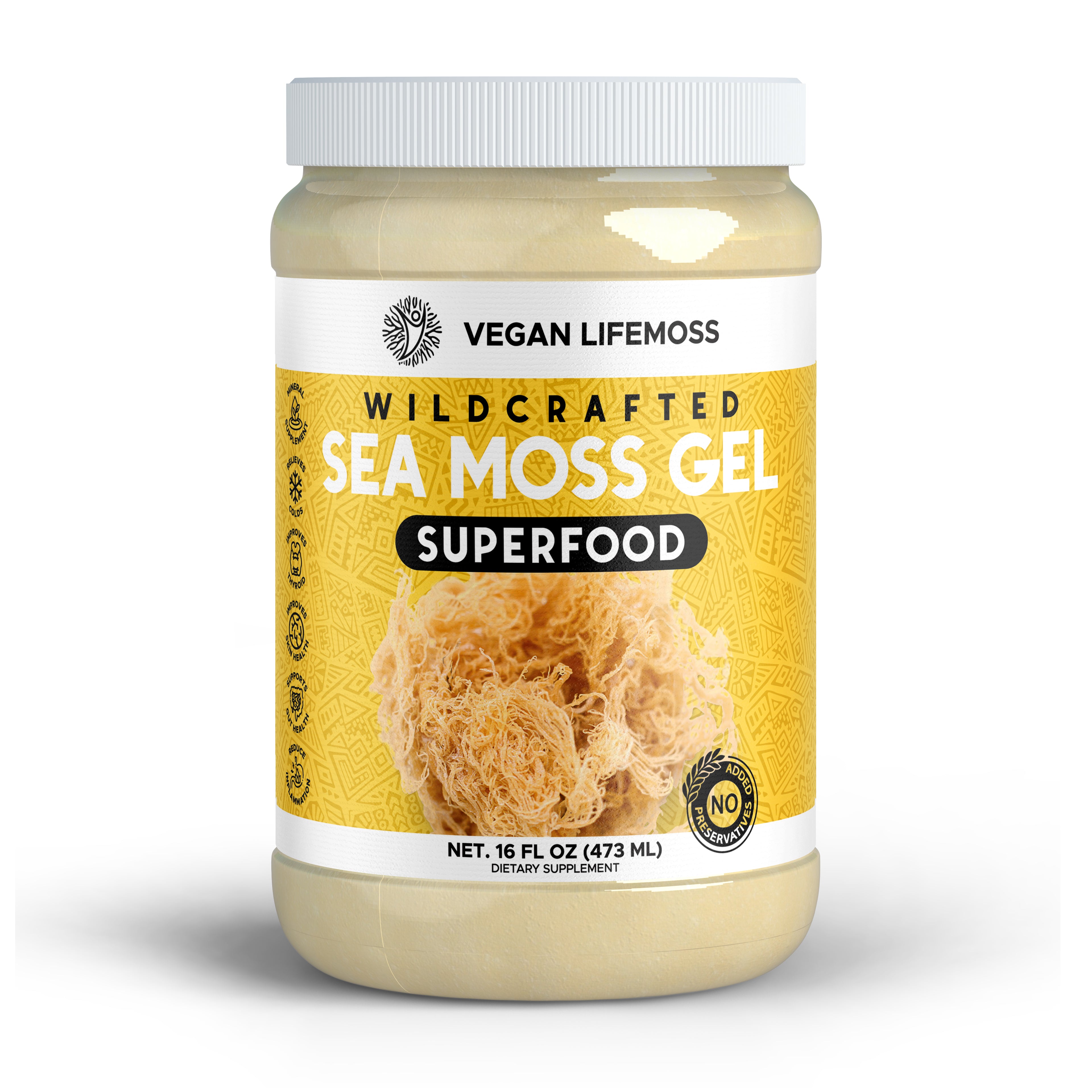 Bottle of Vegan Lifemoss Blood Purifying Capsules with a yellow label and text.