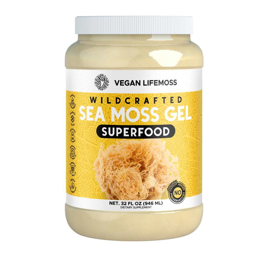 Bottle of Vegan Lifemoss Blood Purifying Capsules with a yellow label and text.