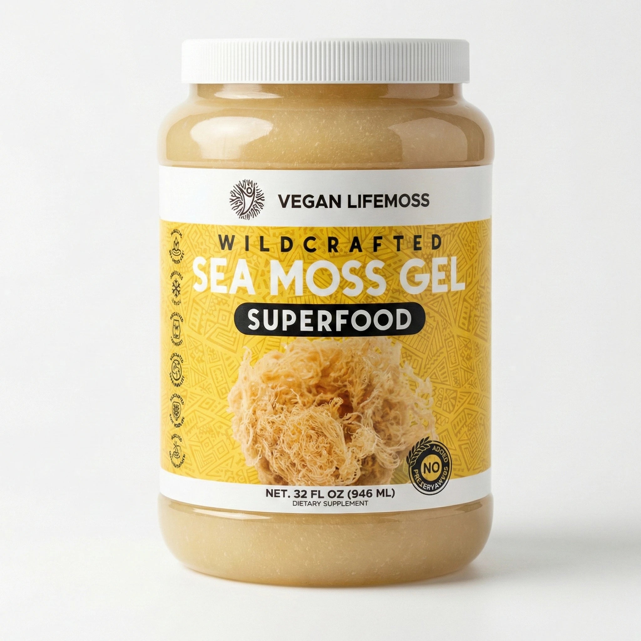 Bottle of Vegan Lifemoss Blood Purifying Capsules with a yellow label and text.