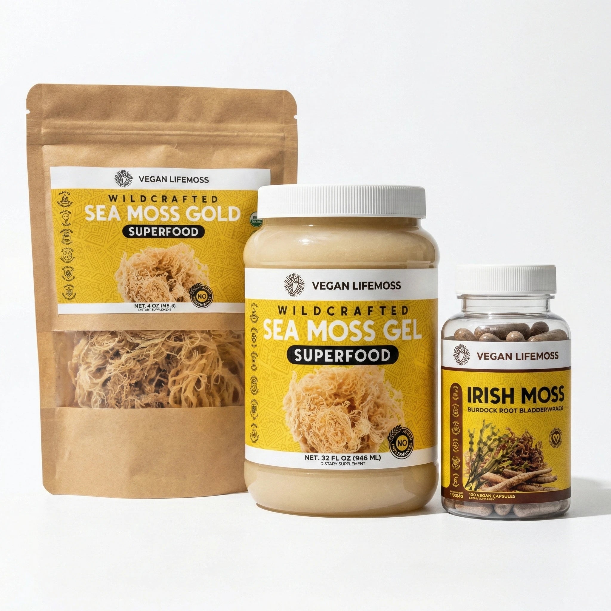 Three Lifemoss Wild Crafted Seamoss products: dried sea moss, capsules, and a jar.