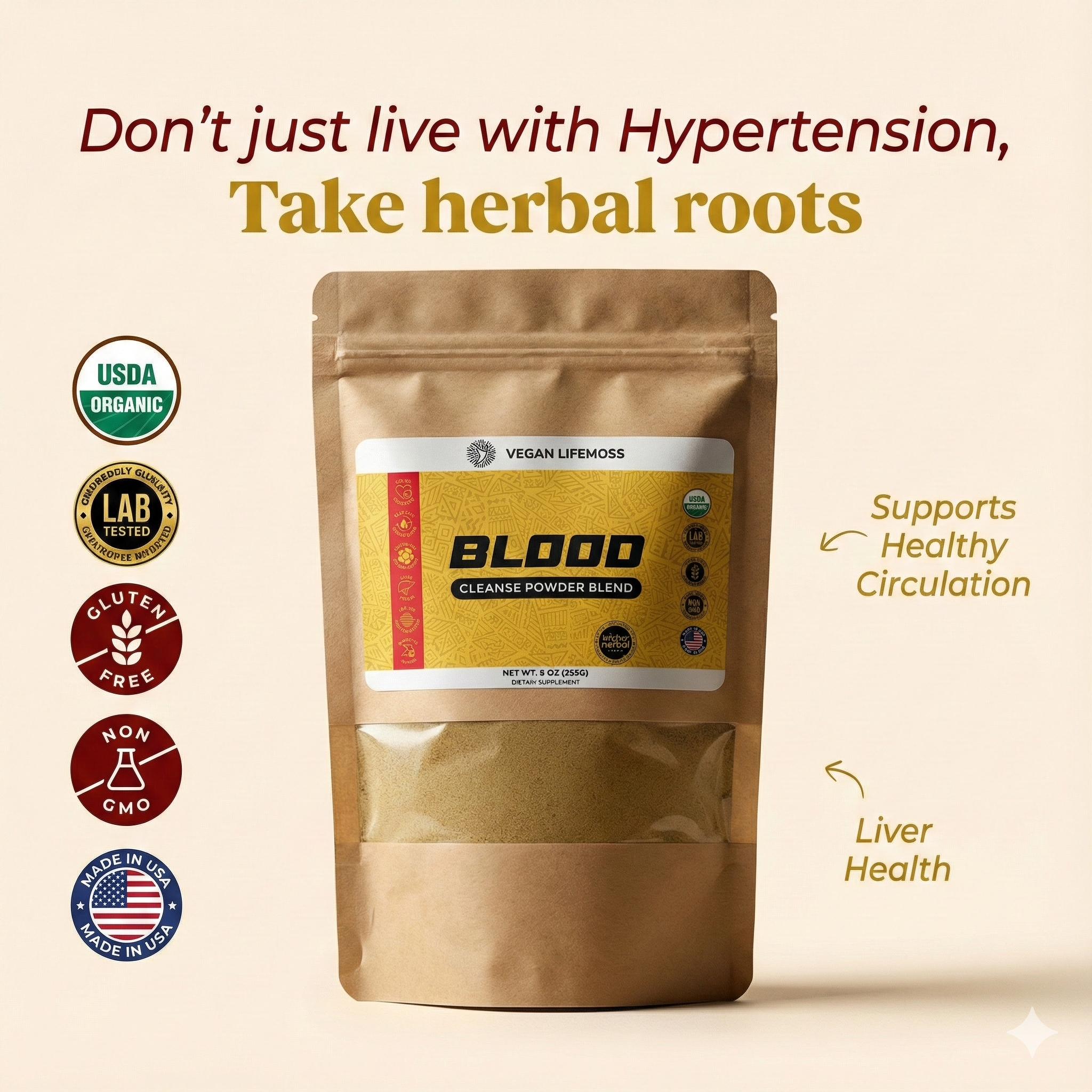 Bottle of Vegan Lifemoss Blood Purifying Capsules with a yellow label and text.