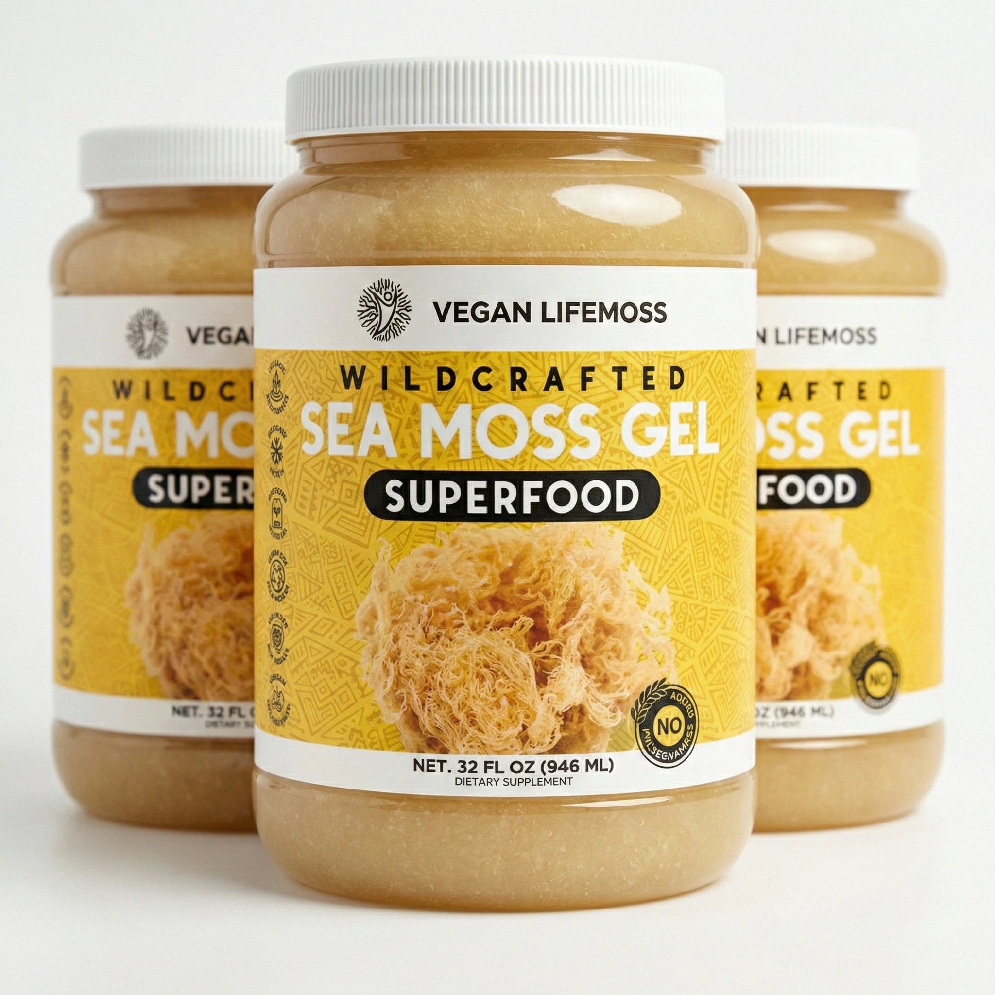 Bottle of Vegan Lifemoss Blood Purifying Capsules with a yellow label and text.