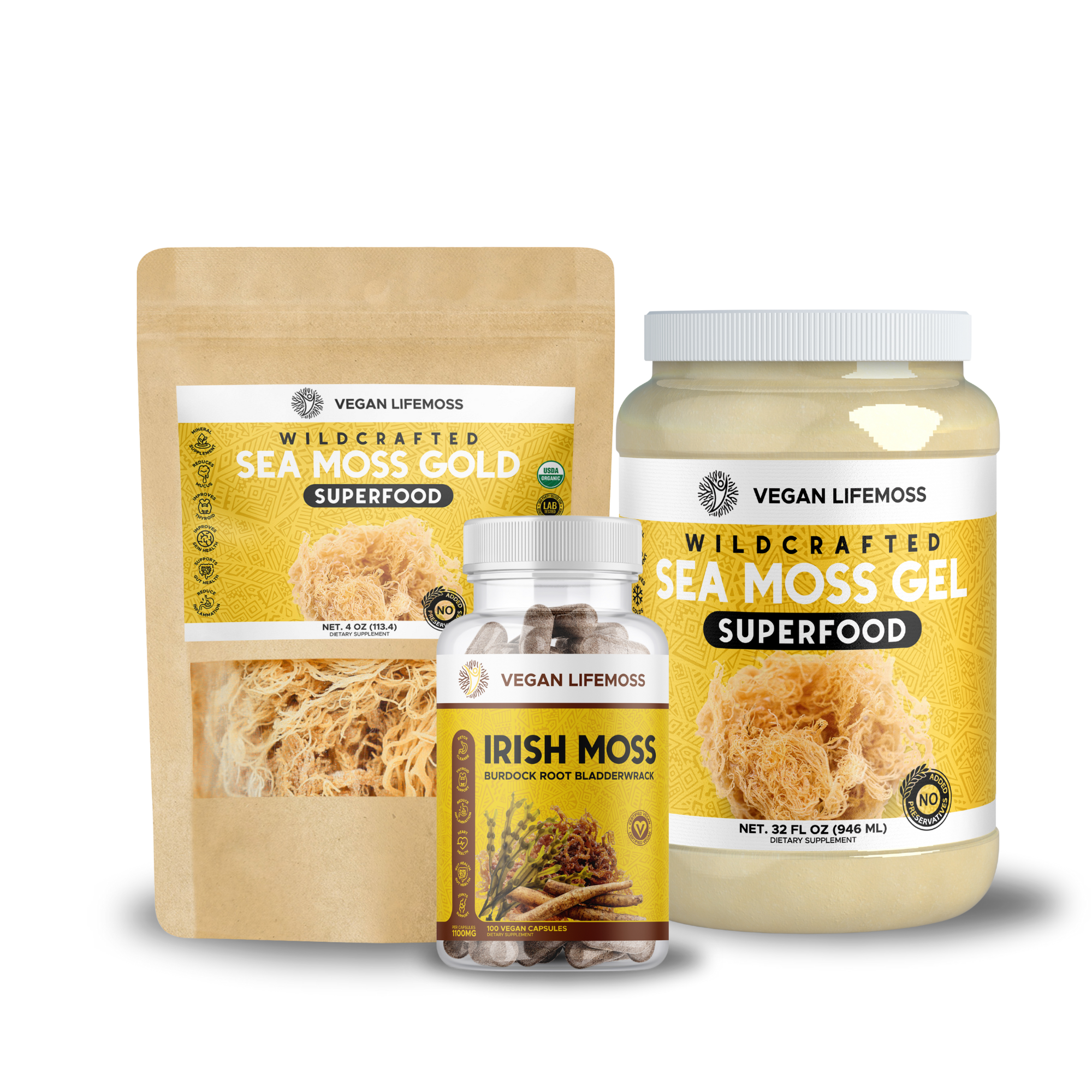 Three Lifemoss Wild Crafted Seamoss products: dried sea moss, capsules, and a jar.