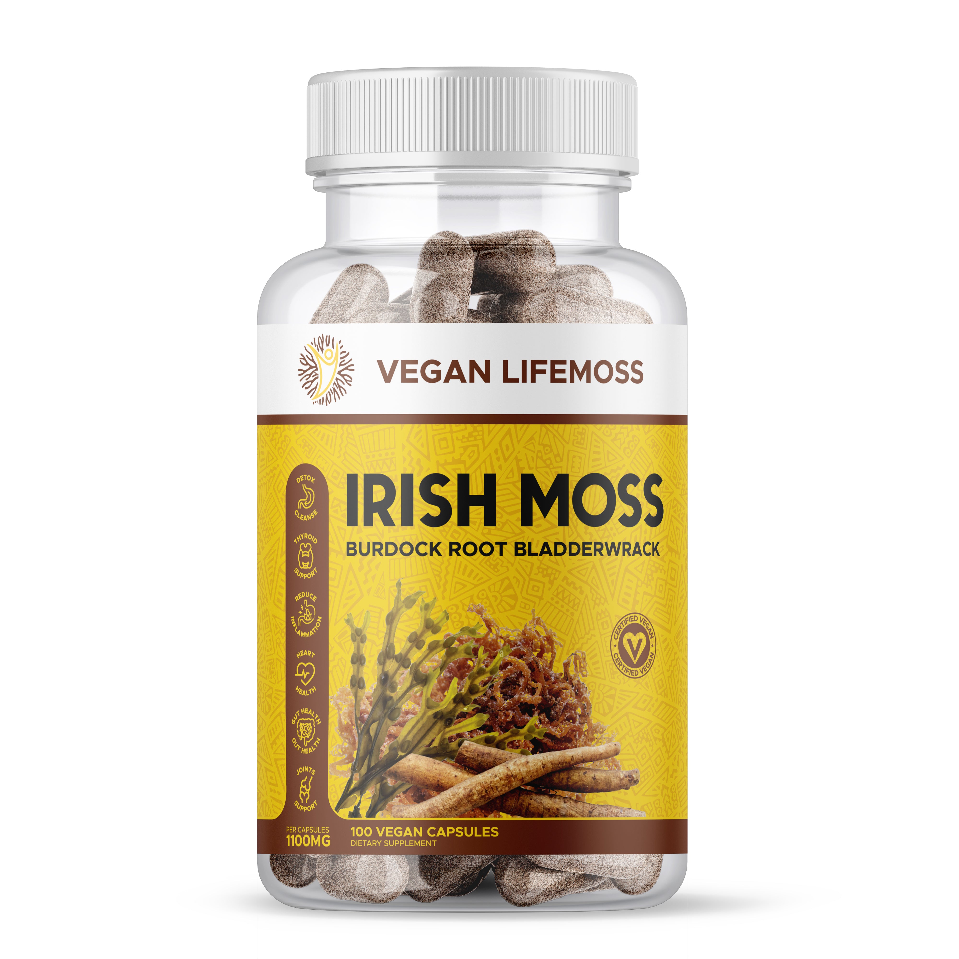 Bottle of Vegan Lifemoss Blood Purifying Capsules with a yellow label and text.