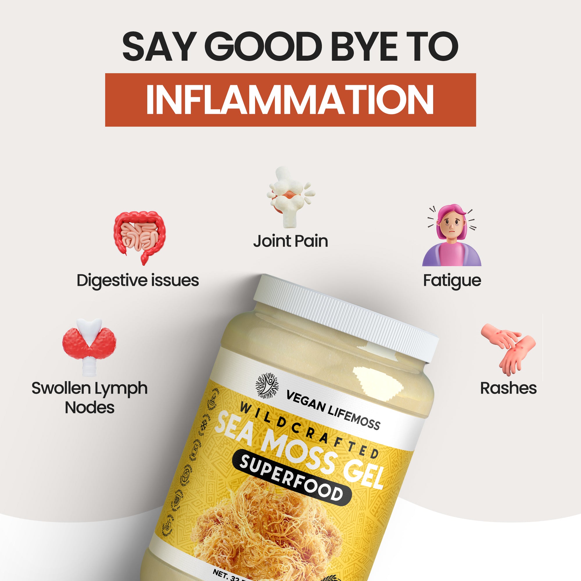 Bottle of Vegan Lifemoss Blood Purifying Capsules with a yellow label and text.