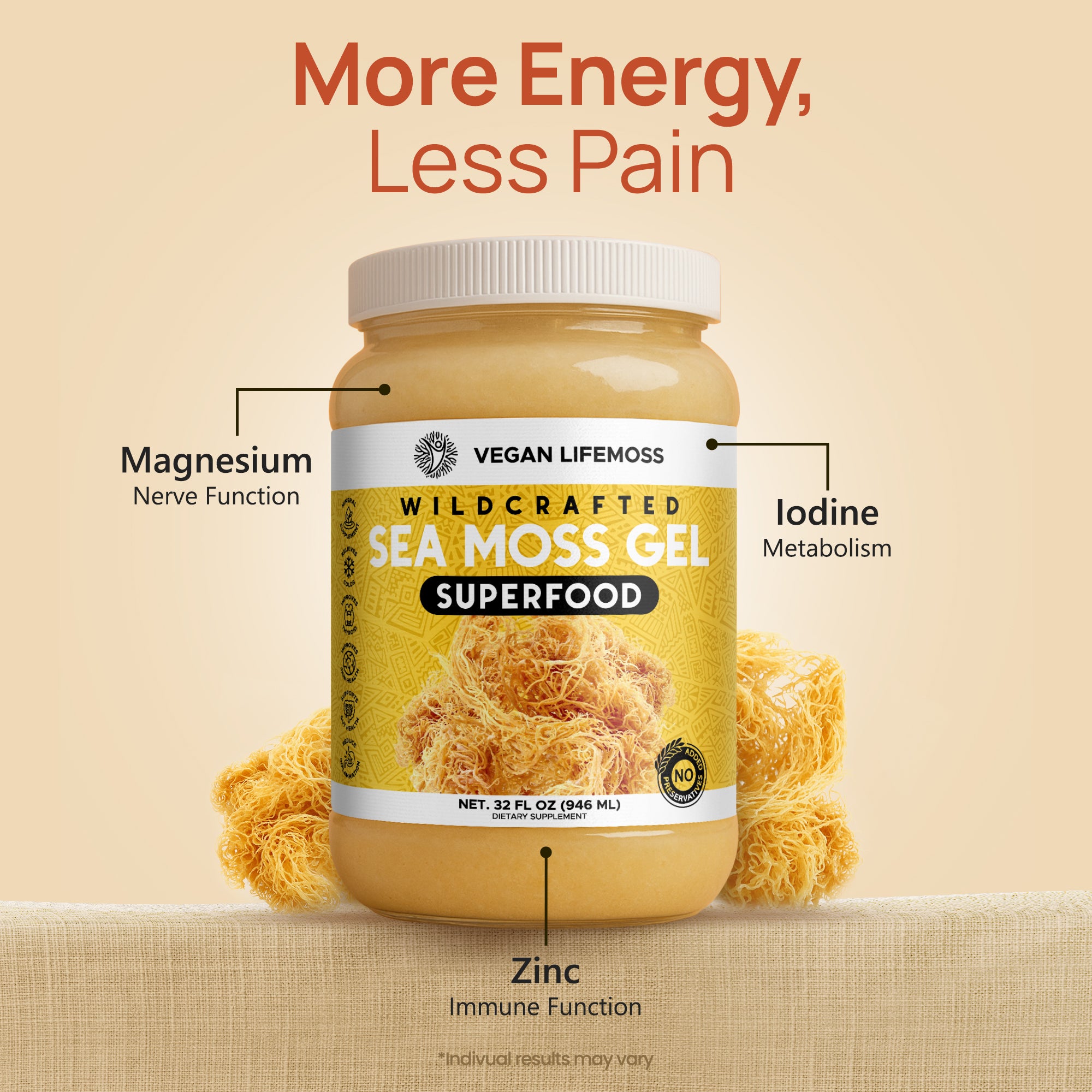 Bottle of Vegan Lifemoss Blood Purifying Capsules with a yellow label and text.