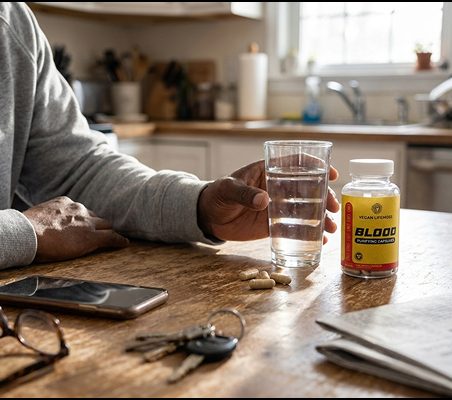 A glass of water and a bottle of Blood Purifying Capsules on a kitchen table
