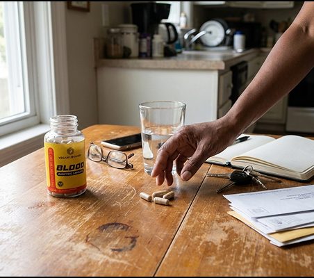 A hand reaching for a bottle of Blood Purifying Capsules on a kitchen table