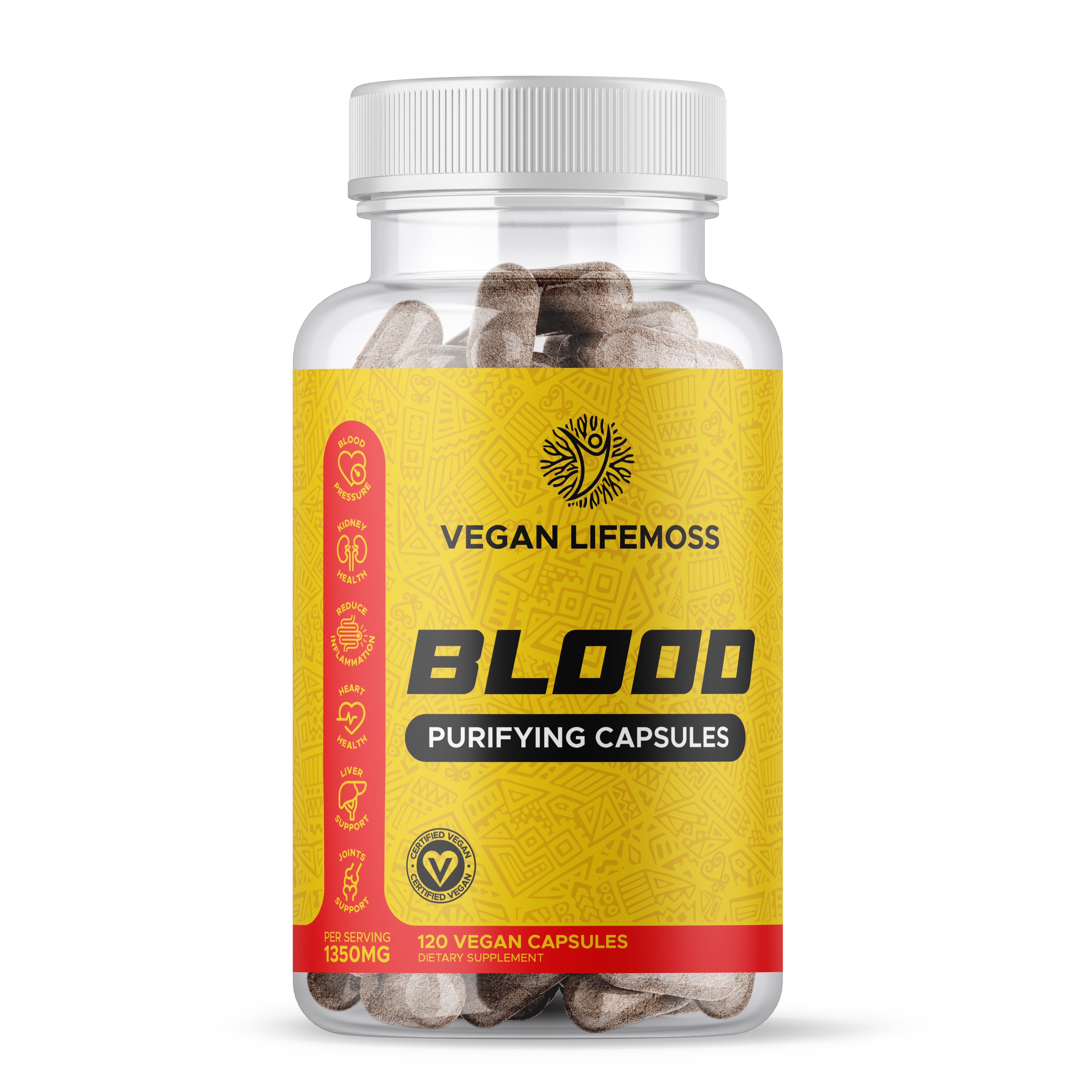 Bottle of Vegan Lifemoss Blood Purifying Capsules, containing 120 vegan capsules.