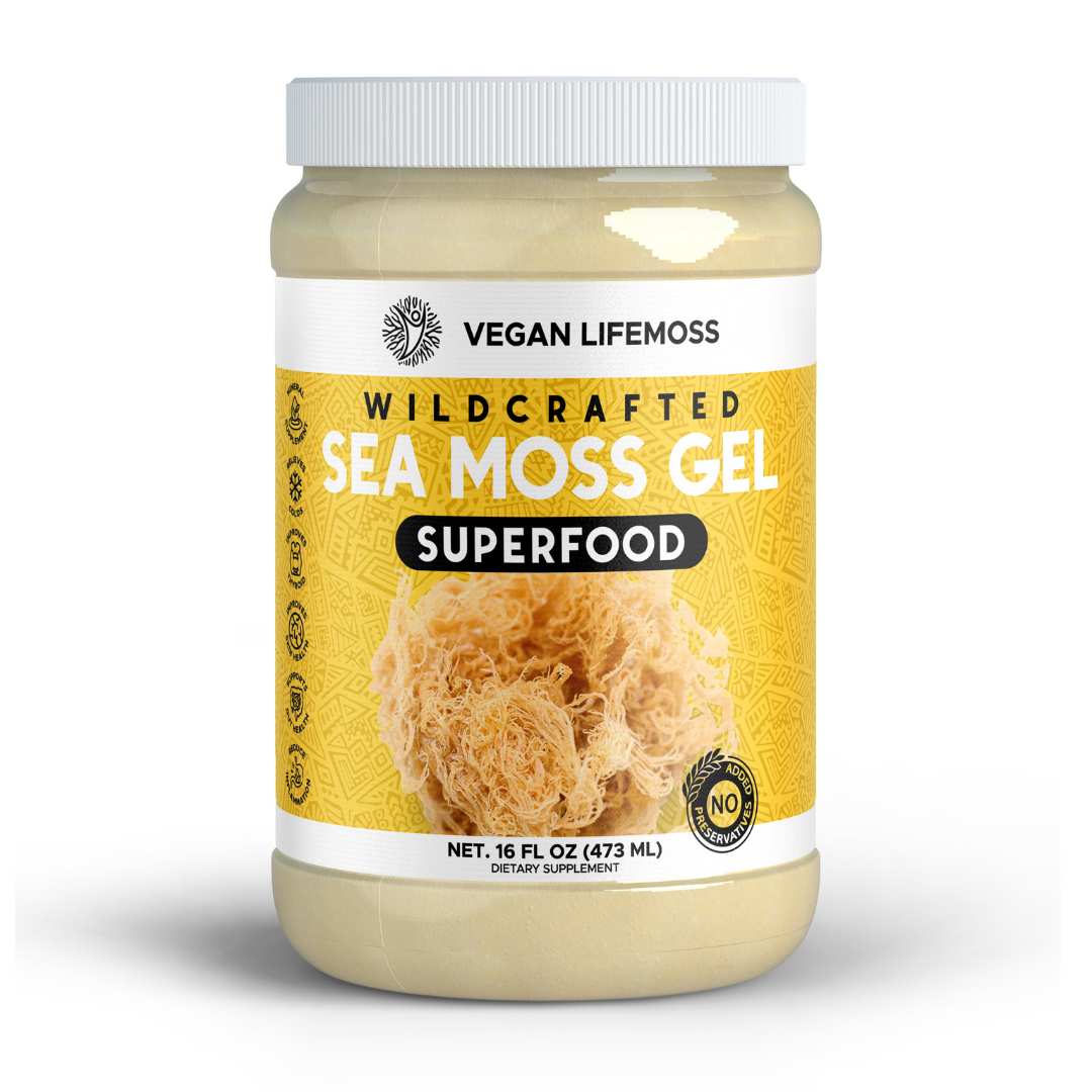 Bottle of Vegan Lifemoss Blood Purifying Capsules with a yellow label and text.