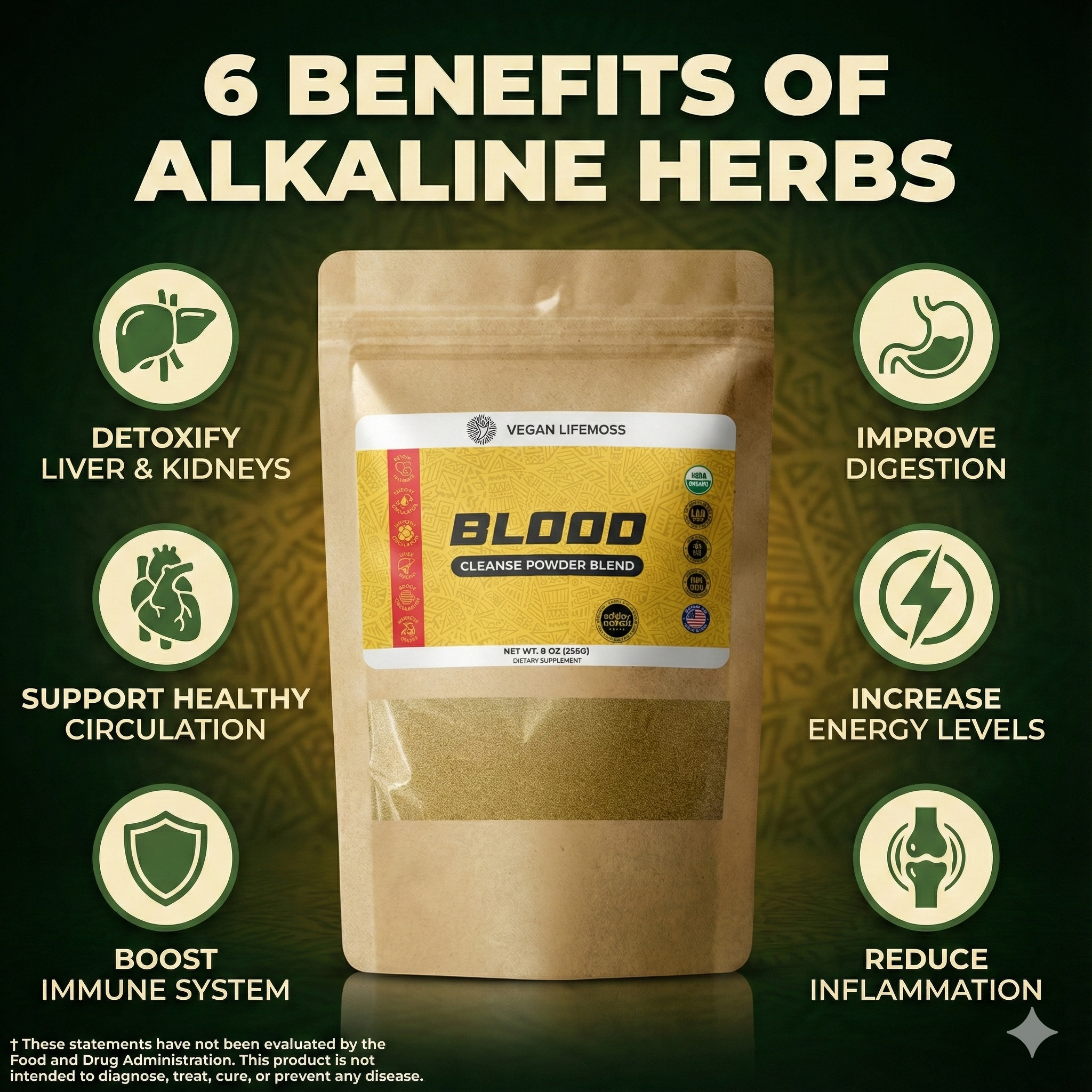 Bottle of Vegan Lifemoss Blood Purifying Capsules with a yellow label and text.