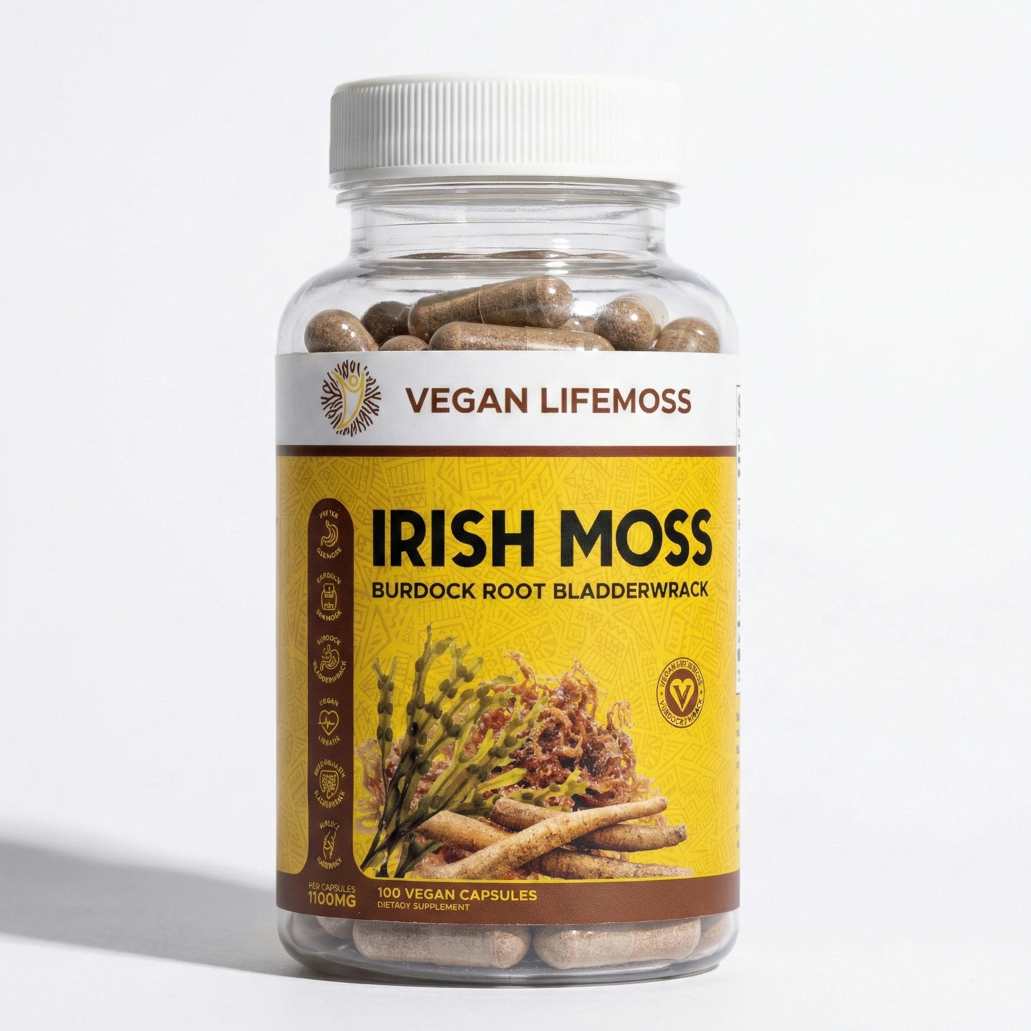Bottle of Vegan Lifemoss Blood Purifying Capsules with 'Approved by 100+ Healthy Customers' text above.