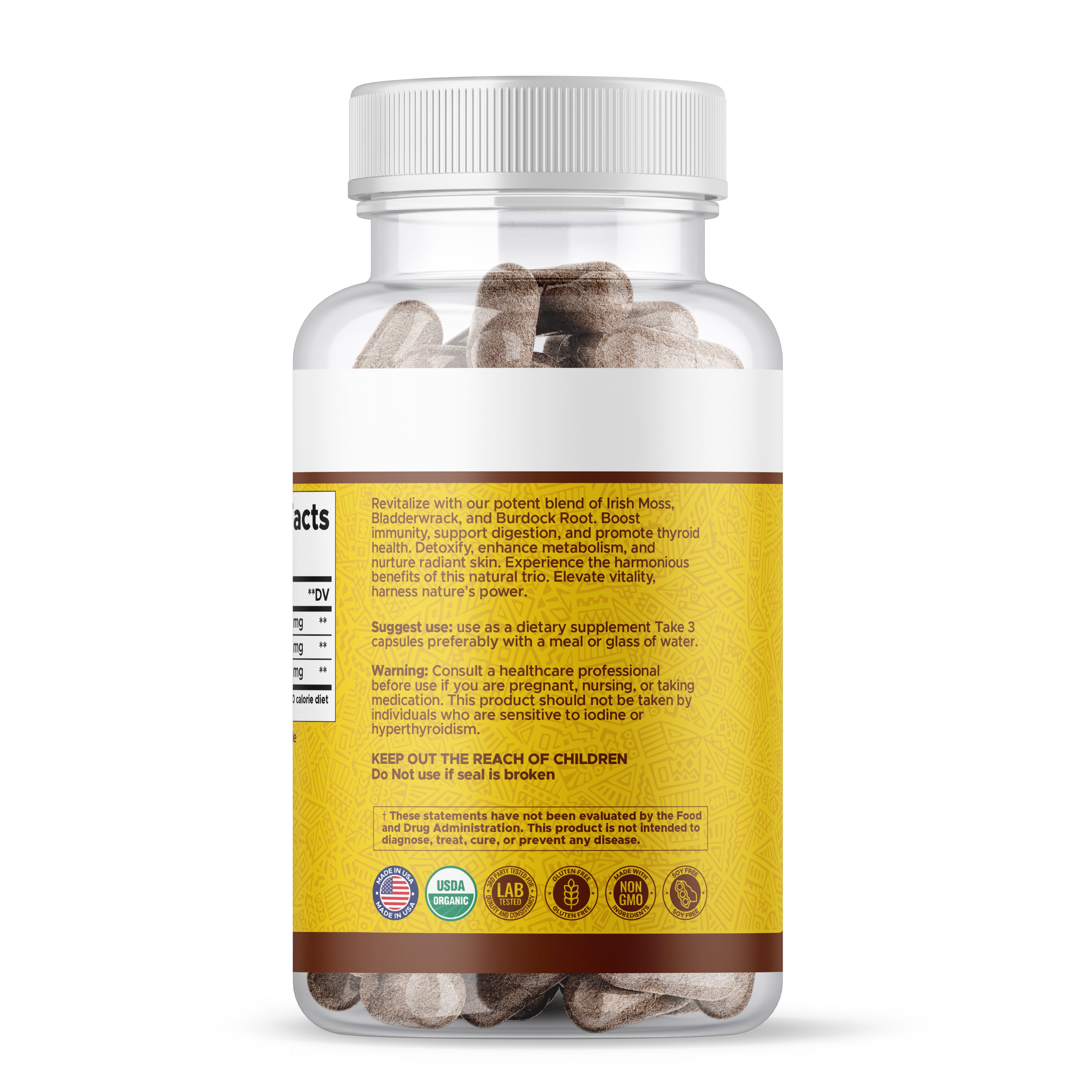 Bottle of Vegan Lifemoss Blood Purifying Capsules with a yellow label and text.