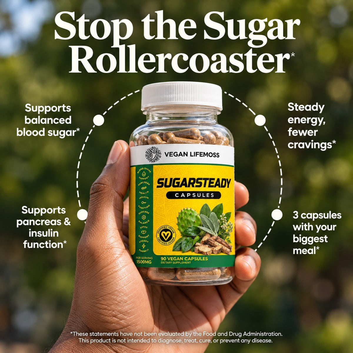 Stop the Sugar Rollercoaster: hand holding SugarSteady with four benefit callouts