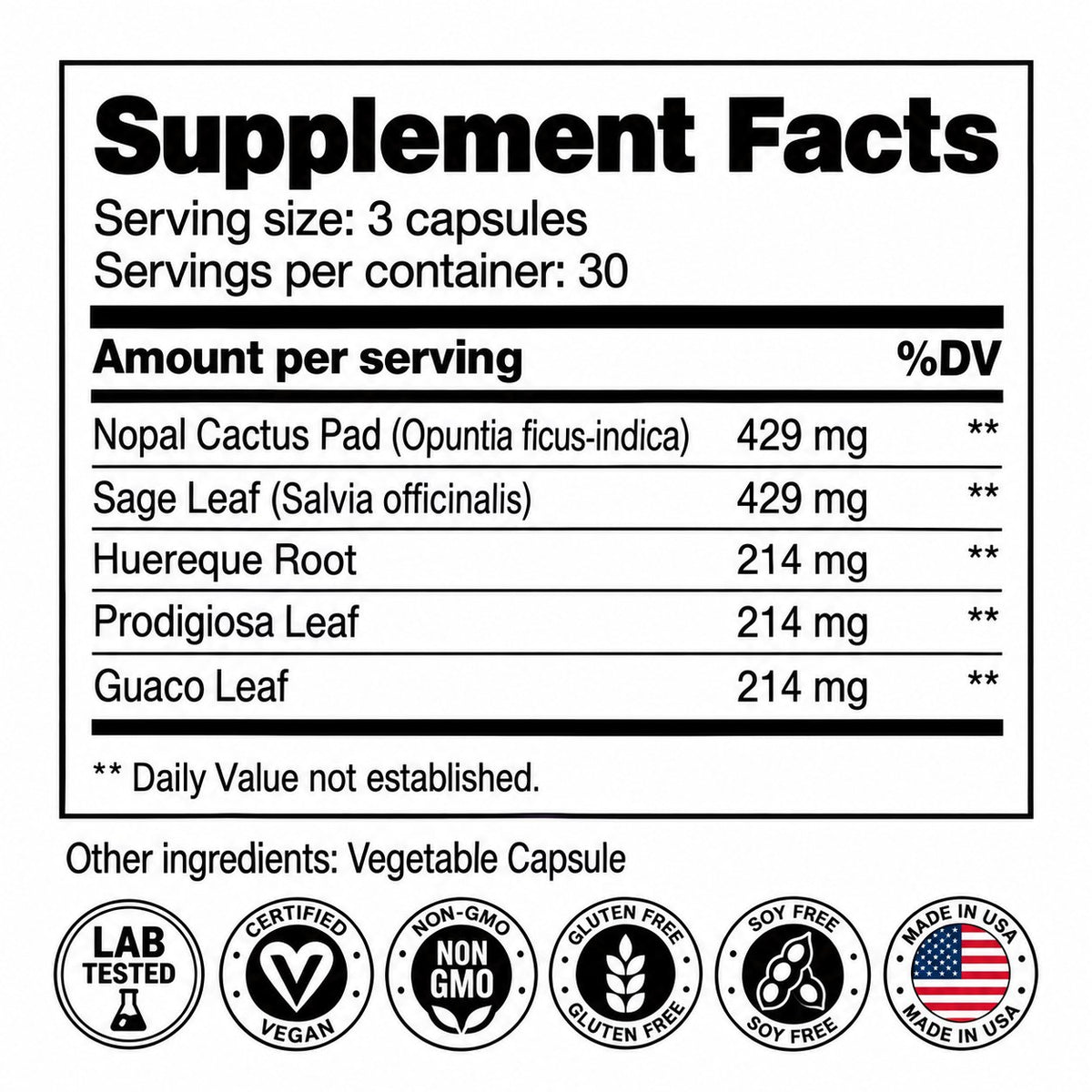 SugarSteady Capsules Supplement Facts with lab tested, vegan, non-GMO, gluten free, soy free and made in USA badges