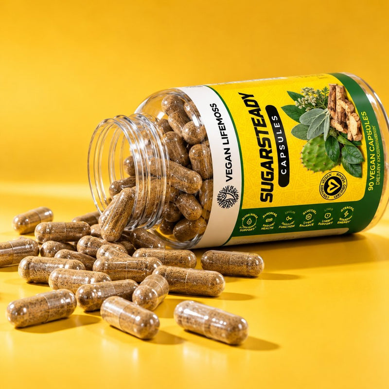 SugarSteady capsules spilling from a tipped bottle on yellow
