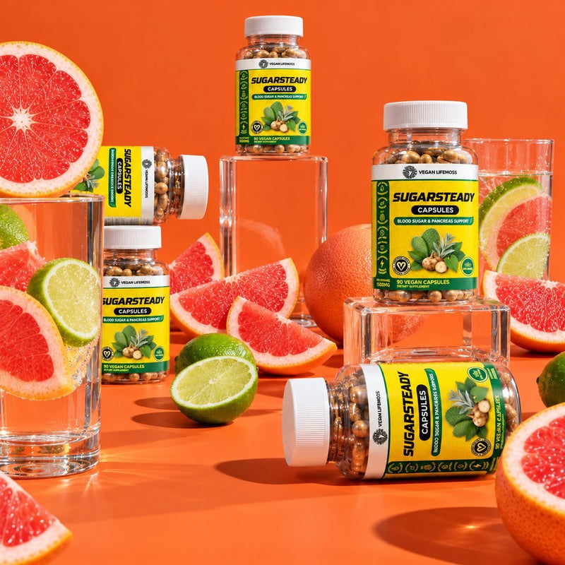 Several SugarSteady bottles with grapefruit and lime on orange