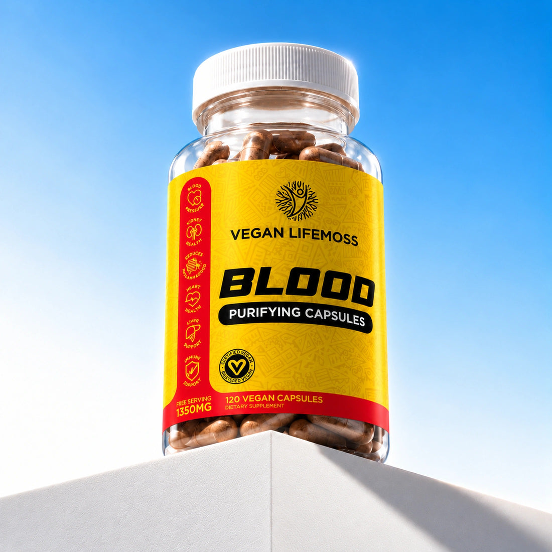 Vegan Lifemoss Blood Purifying Capsules bottle on a white step against a blue sky