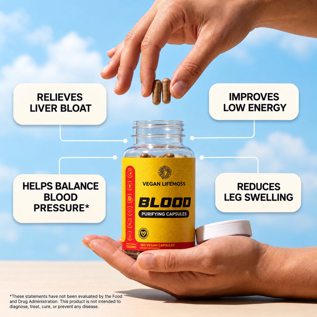 Hands holding Blood Purifying Capsules with four benefits around the bottle