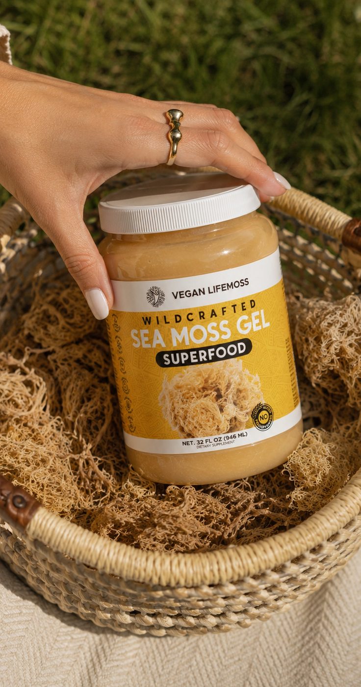 A hand lifting a jar of Vegan Life Moss sea moss gel from a basket