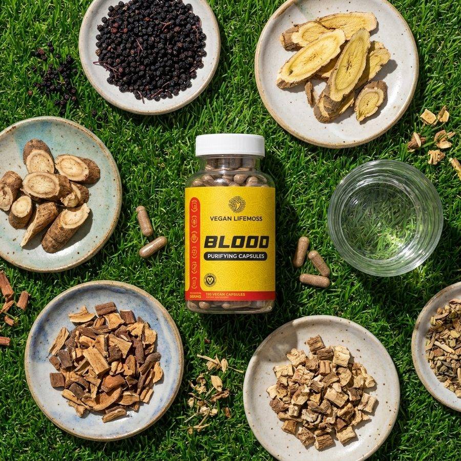 A bottle of Blood Purifying Capsules on grass among bowls of dried roots