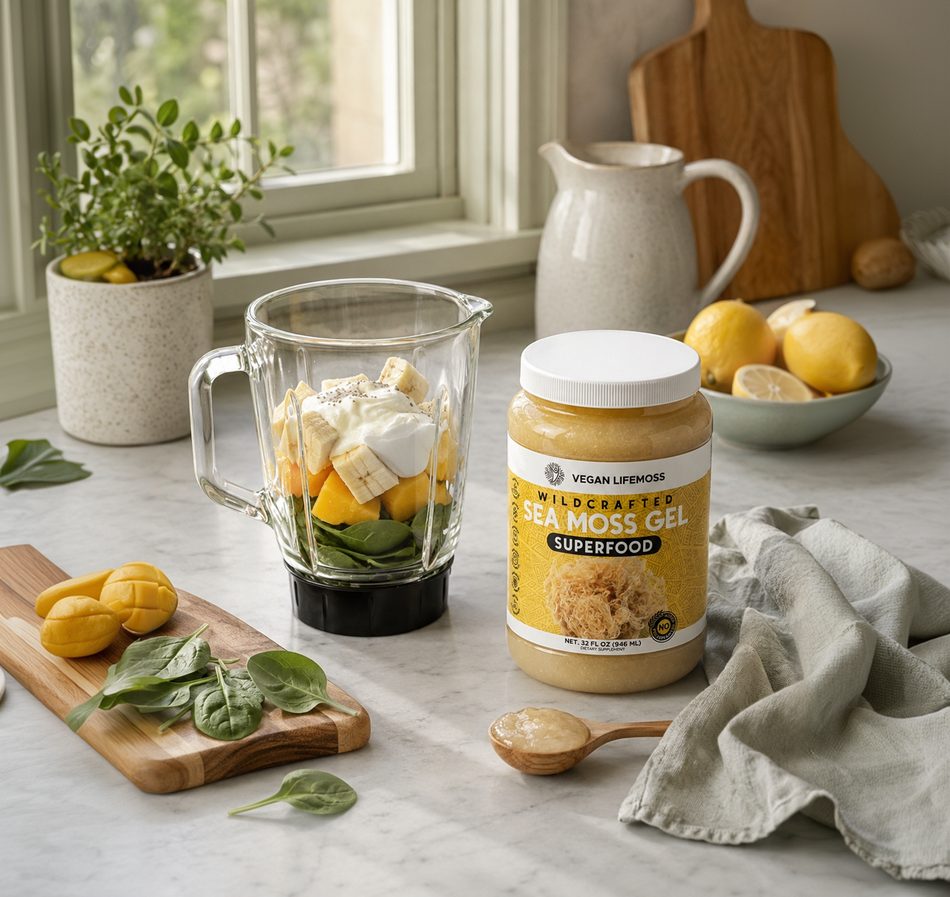 A jar of Sea Moss Gold Gel beside a blender with fruit on a kitchen counter