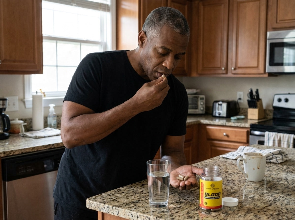 A man taking his capsules with a glass of water at the kitchen counter