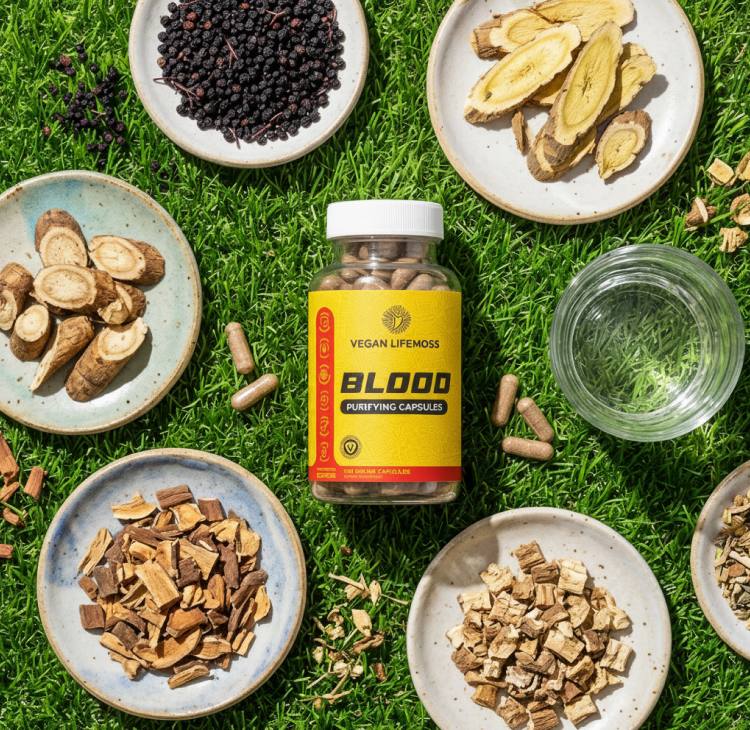 Vegan Life Moss Blood Purifying Capsules among bowls of dried roots on grass