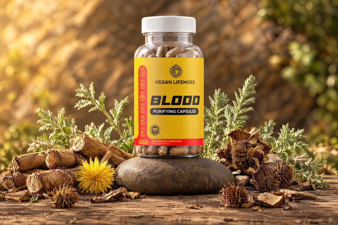 A bottle of Vegan Life Moss Blood Purifying Capsules on bark and roots