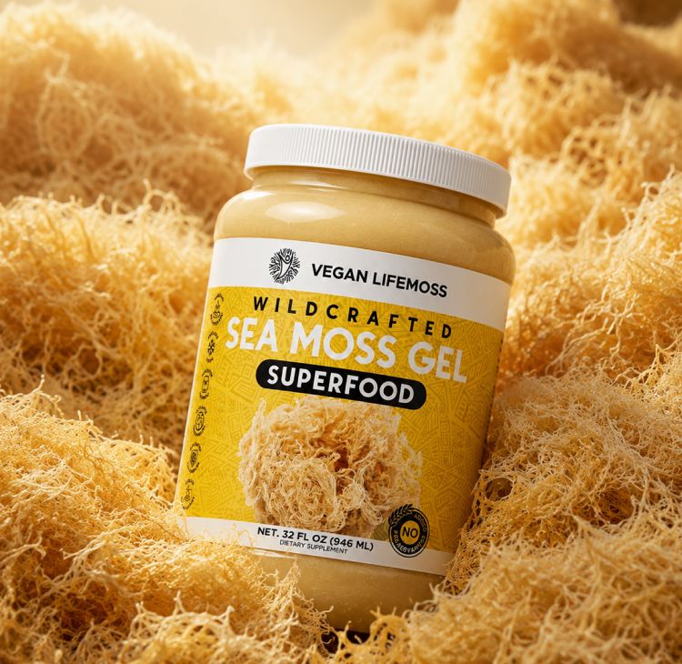 A jar of Vegan Life Moss Wildcrafted Sea Moss Gel on golden sea moss