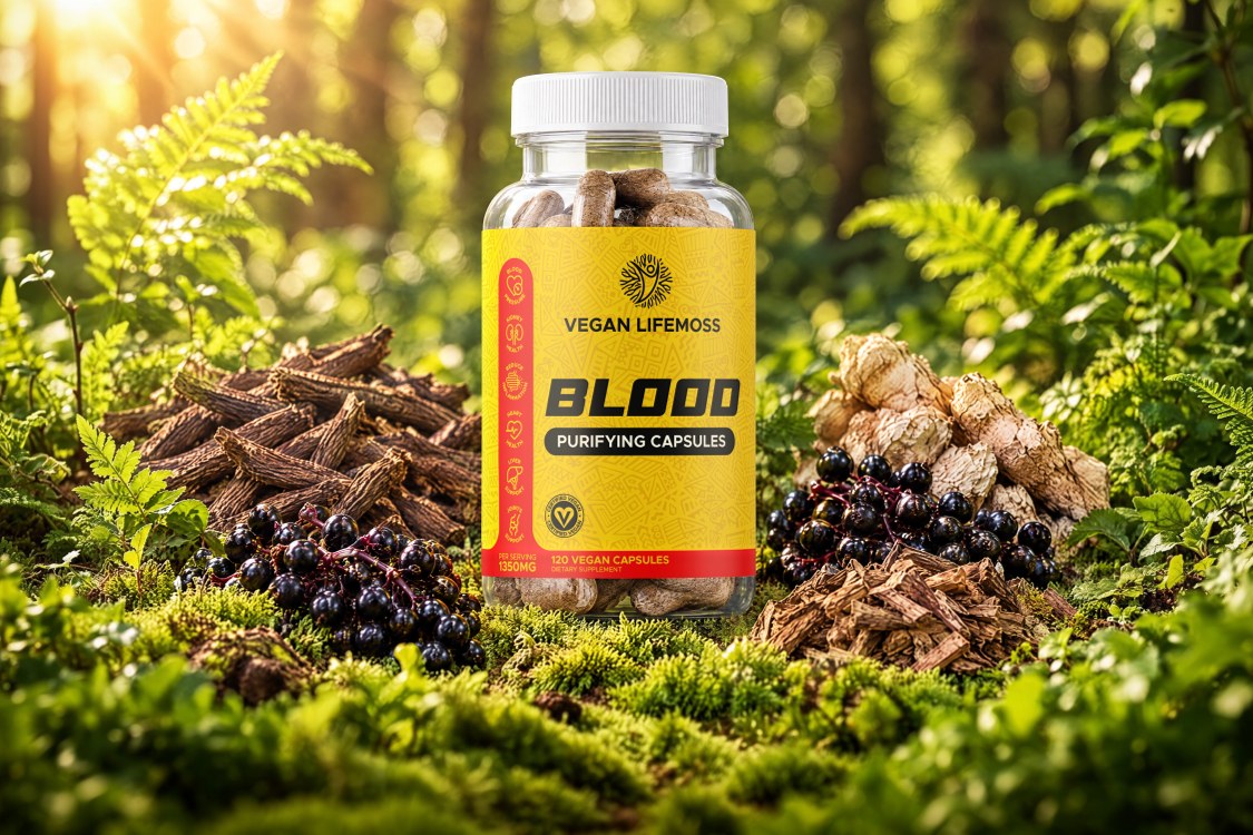 A bottle of Vegan Life Moss Blood Purifying Capsules on moss in a forest