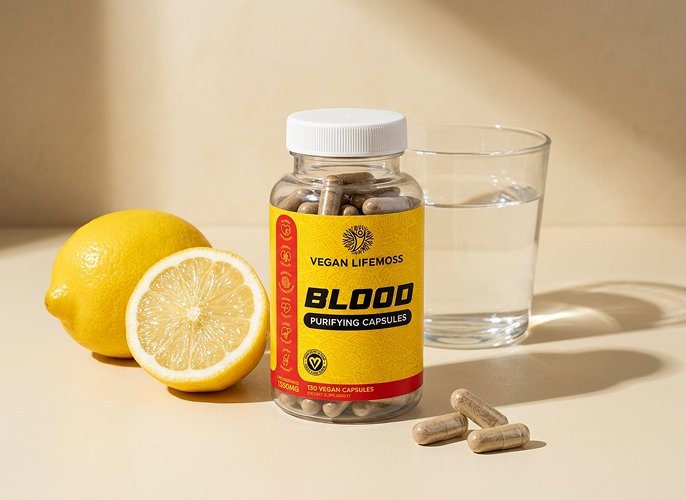 A bottle of Blood Purifying Capsules beside a halved lemon and a glass of water