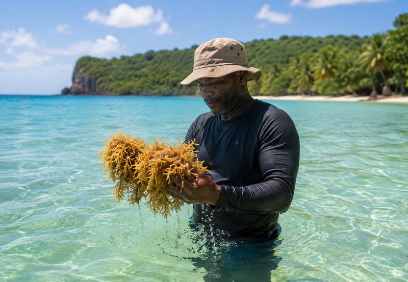 A harvester holding fresh sea moss in clear water