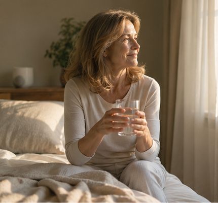 A woman sitting up in bed with a glass of water in the morning