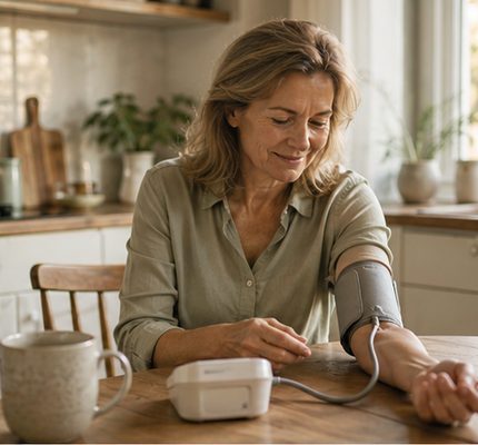 A woman checking her blood pressure at the kitchen table