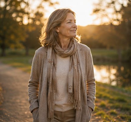 A woman walking by a lake at sunset