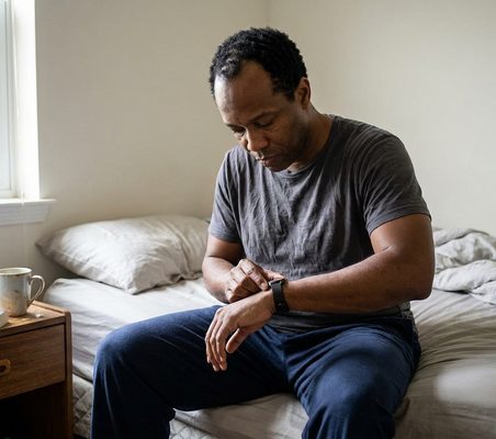 A man sitting on his bed checking his watch