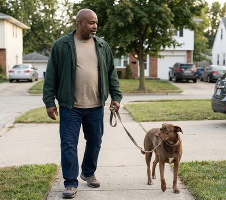 A man walking his dog down the street