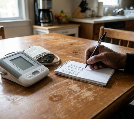 A blood pressure monitor and a notebook on a kitchen table