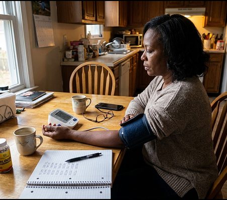 A woman taking her blood pressure at the kitchen table