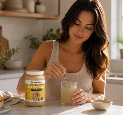 A woman stirring sea moss gel into a drink at the kitchen counter