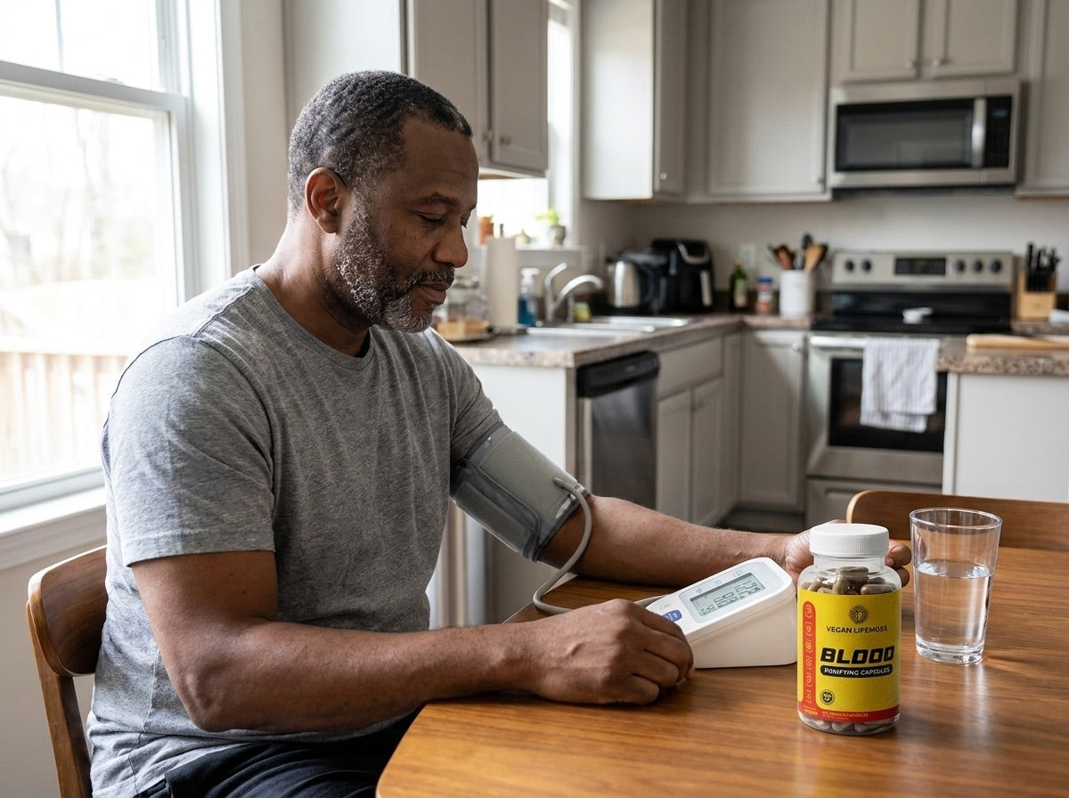 A man checking his blood pressure at the kitchen table, a bottle of Blood Purifying Capsules beside him